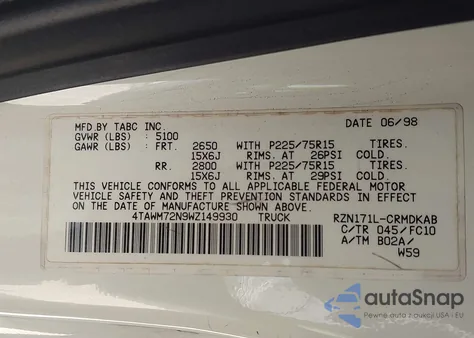 1998 Toyota Tacoma from USA, damaged, VIN 4TAWM72N9WZ149930